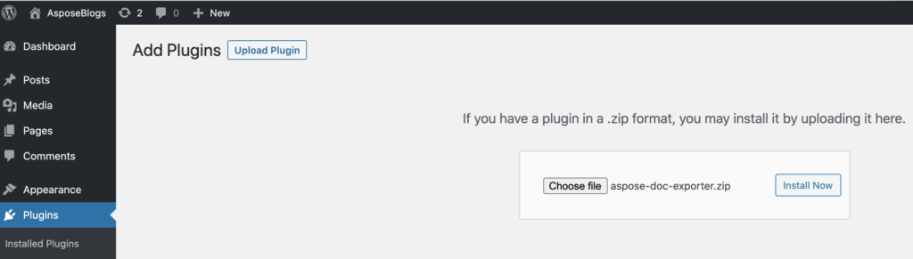 WordPress 管理員中的外掛程式上傳選項。